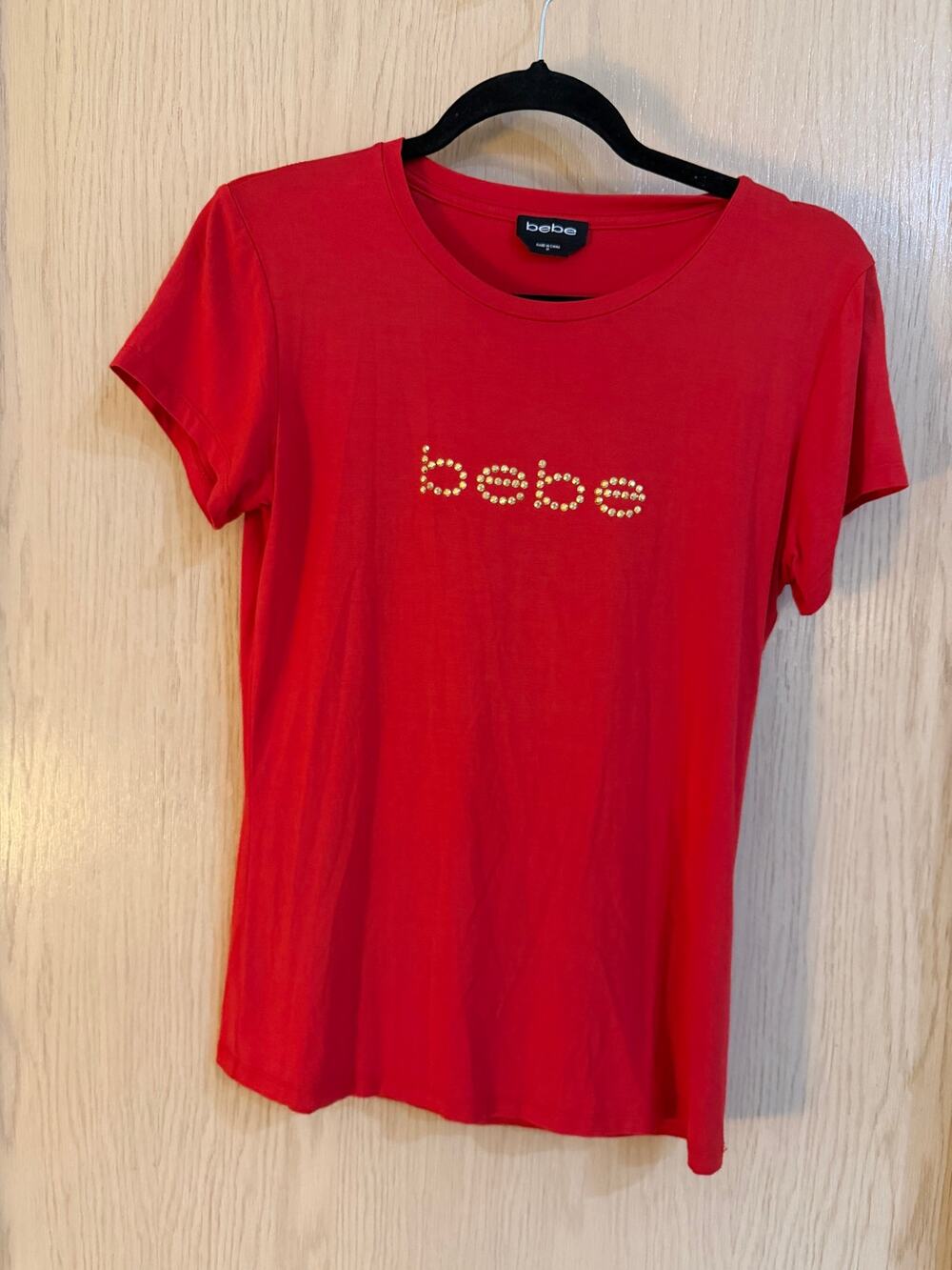 Bebe Red Rhinestone Logo T Shirt Size M Y2K Fitted Stretch Tee